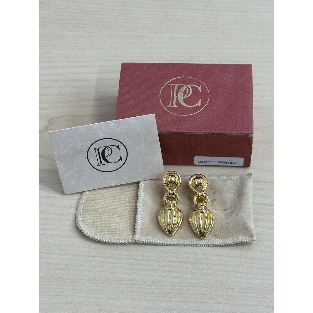 Contessa Crespi PC Signed Gold Tone Dangle Clip On Earrings Box & Papers